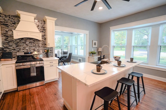 kitchen featuring a breakfast bar area, stainless steel range with gas stovetop, tasteful backsplash, custom range hood, and an island with sink