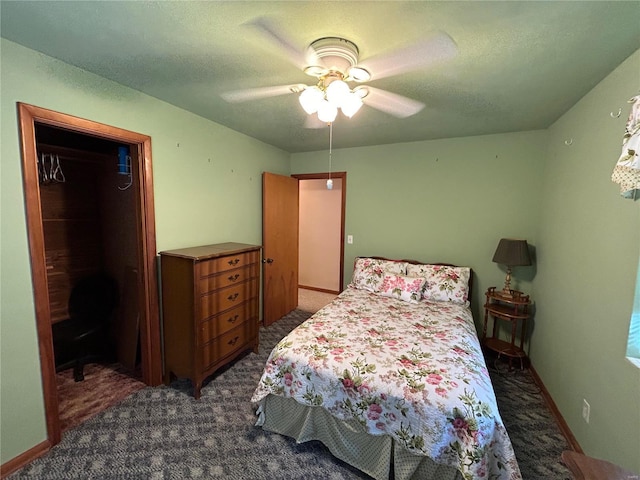 bedroom with carpet flooring, ceiling fan, and a closet