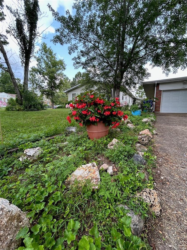 view of yard with a garage