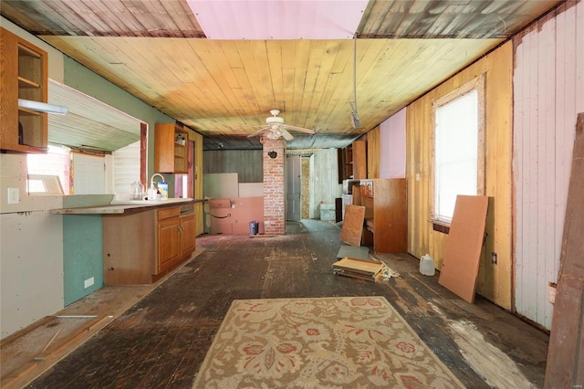 kitchen with wooden ceiling, a ceiling fan, open shelves, and a sink