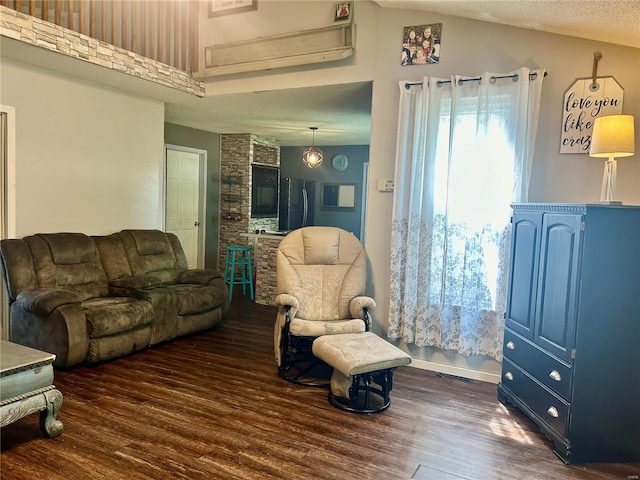 living room with high vaulted ceiling, a textured ceiling, and dark wood-type flooring