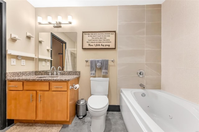 full bath with toilet, a combined bath / shower with jetted tub, and vanity