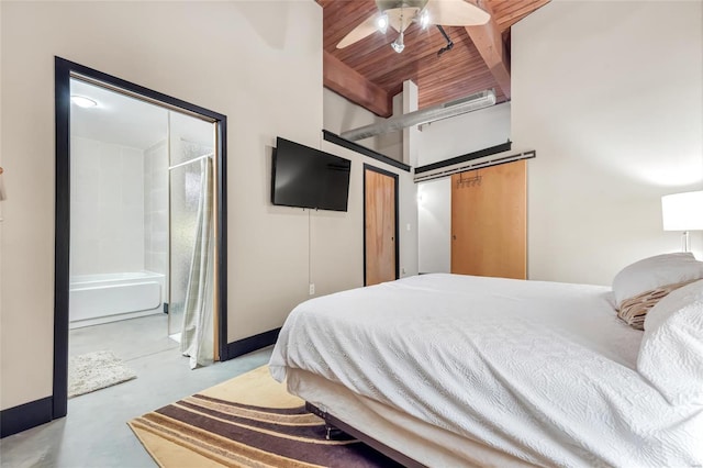 bedroom featuring concrete flooring, ceiling fan, wooden ceiling, baseboards, and beamed ceiling