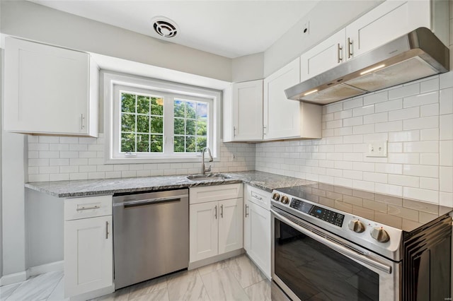 kitchen featuring sink, white cabinetry, backsplash, and stainless steel appliances