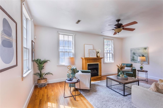 living room with ceiling fan and wood-type flooring