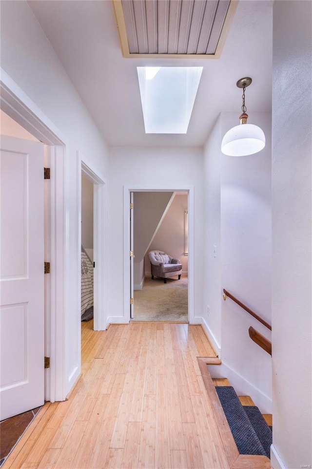 corridor featuring a skylight and carpet flooring