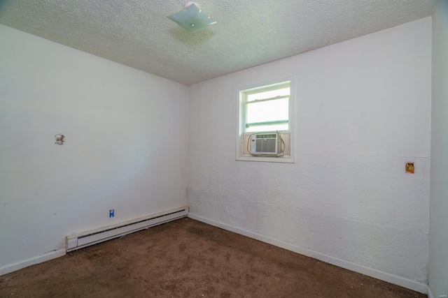 unfurnished room with dark carpet, cooling unit, a textured ceiling, and a baseboard heating unit