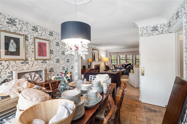 dining area with dark parquet floors