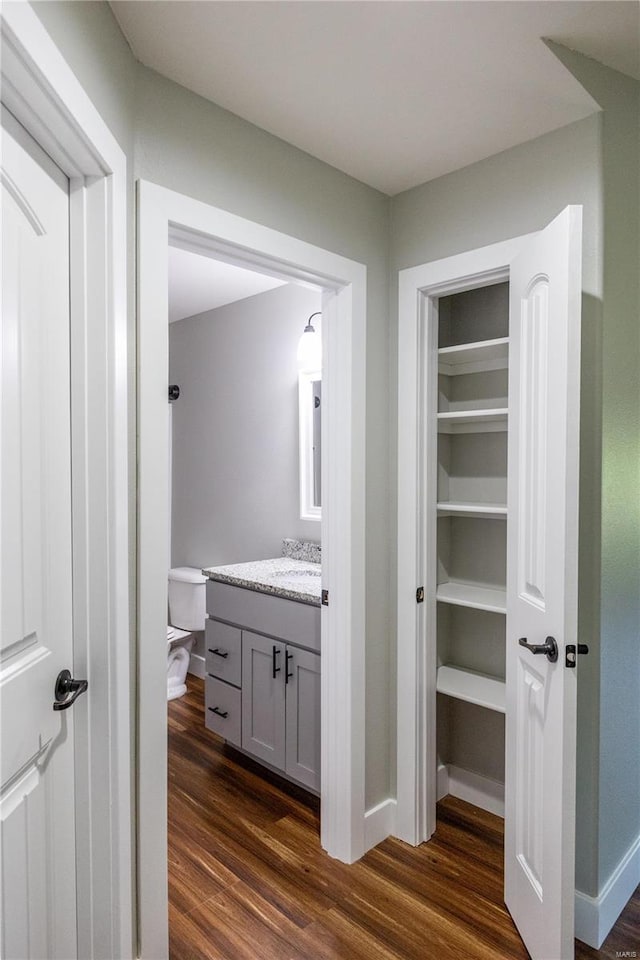 interior space with vanity and hardwood / wood-style flooring