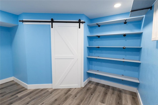 walk in closet featuring a barn door and wood-type flooring