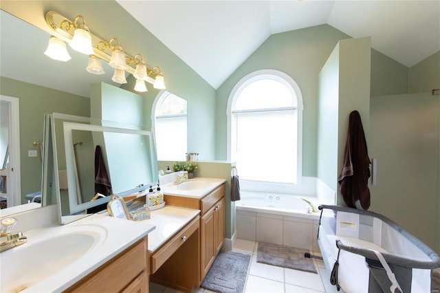 bathroom with vanity, lofted ceiling, tile patterned floors, and separate shower and tub