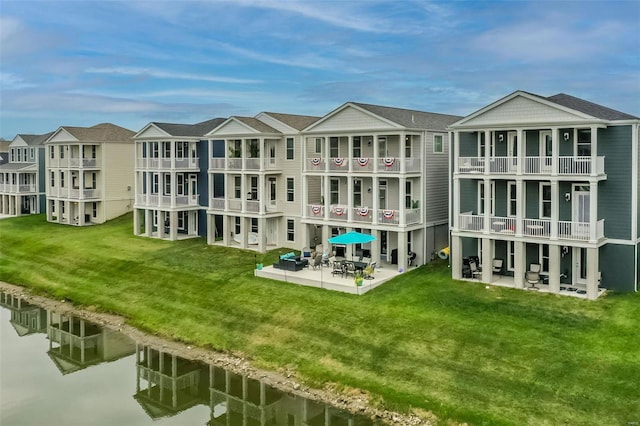 view of building exterior with a water view