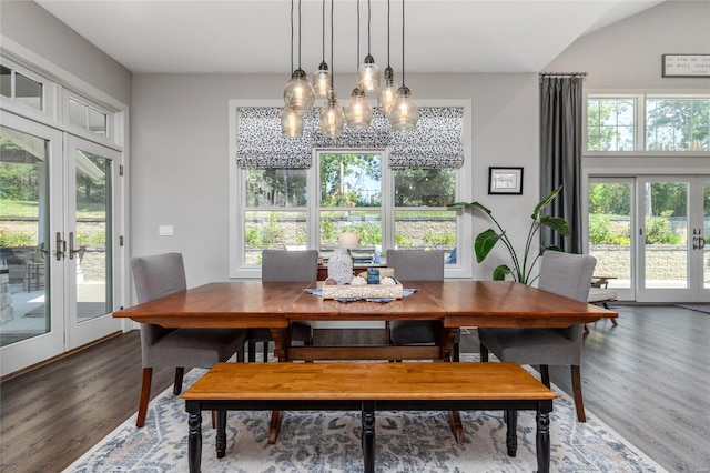 dining area featuring a wealth of natural light, a chandelier, hardwood / wood-style flooring, and french doors