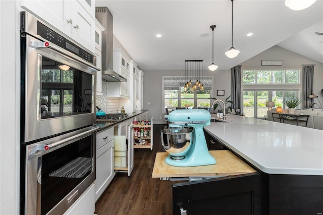 kitchen with lofted ceiling, appliances with stainless steel finishes, pendant lighting, tasteful backsplash, and dark hardwood / wood-style flooring