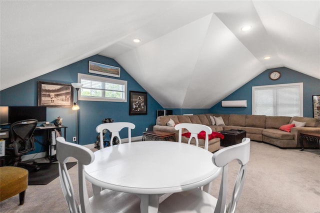 dining area featuring light carpet, vaulted ceiling, and a wall mounted air conditioner