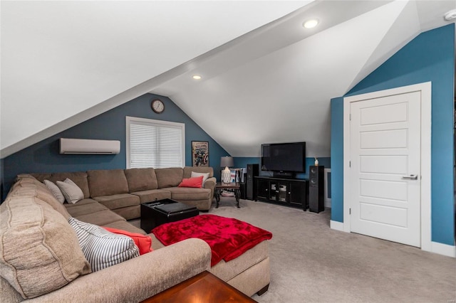 carpeted living room with a wall mounted AC and vaulted ceiling