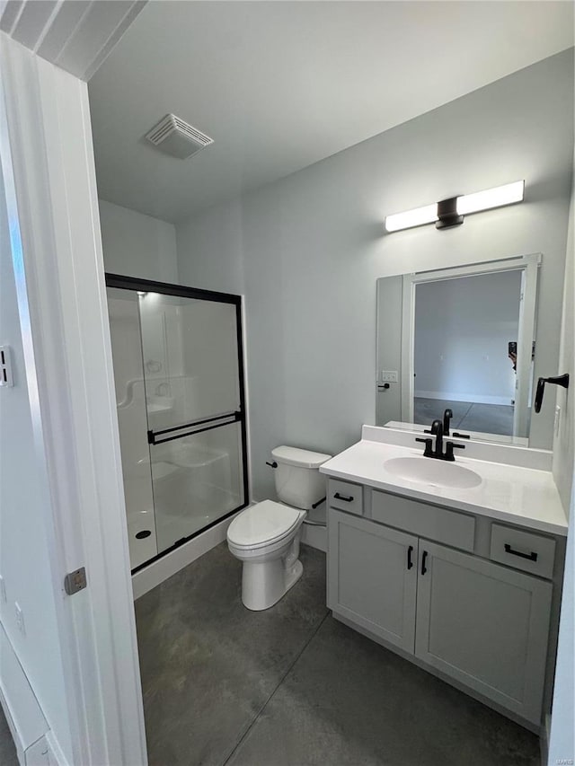 bathroom featuring toilet, vanity, concrete floors, and walk in shower