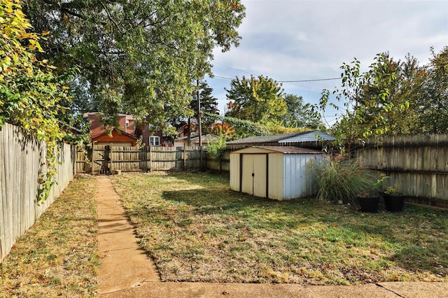 view of yard featuring a storage unit