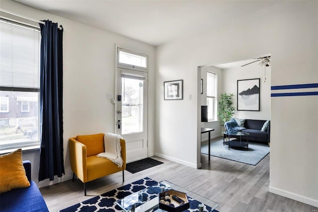 entrance foyer with light hardwood / wood-style floors and ceiling fan