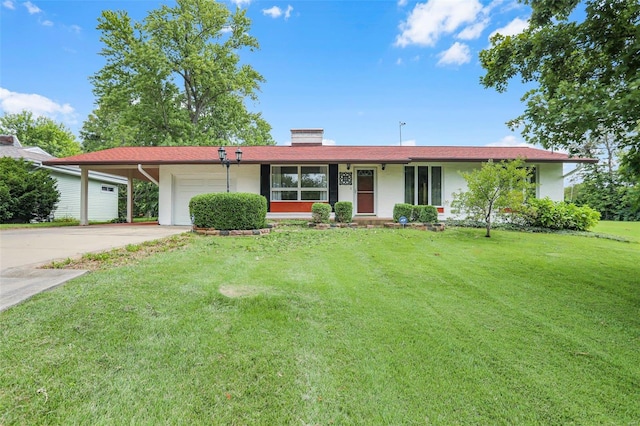 ranch-style house with a front yard and a garage