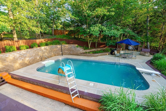 view of swimming pool with a patio area, a fenced backyard, and a fenced in pool