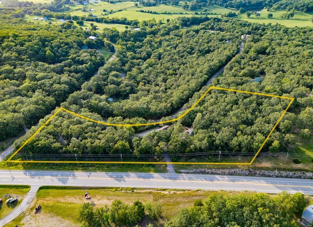 drone / aerial view featuring a wooded view