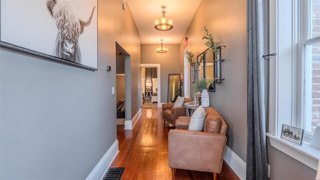 corridor with a healthy amount of sunlight, hardwood / wood-style floors, and an inviting chandelier