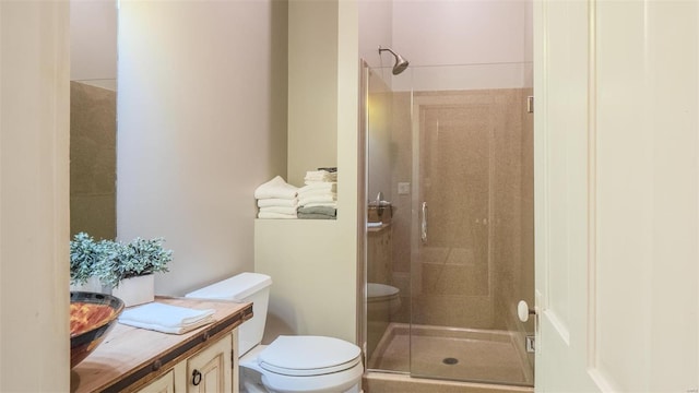 bathroom with vanity, a shower with door, and toilet