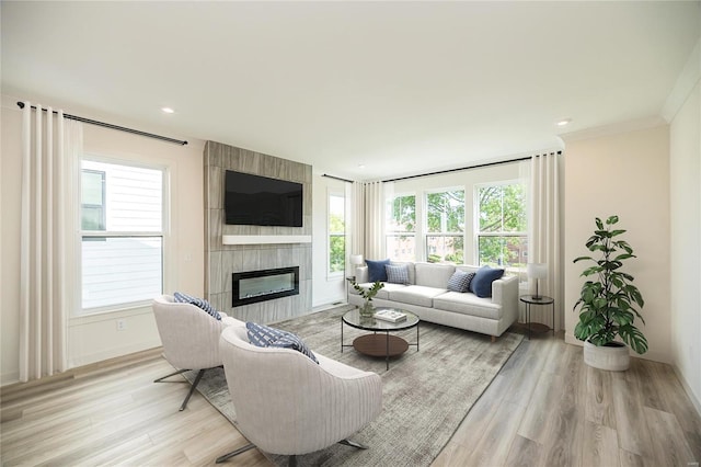 living room with plenty of natural light, ornamental molding, a fireplace, and light hardwood / wood-style flooring