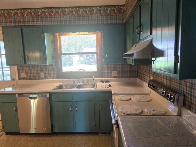 kitchen with sink, stainless steel dishwasher, custom exhaust hood, and decorative backsplash