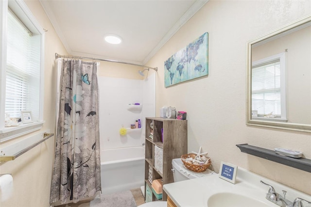 full bathroom with toilet, ornamental molding, shower / bathtub combination with curtain, and vanity