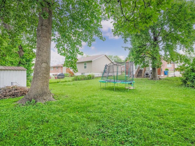 view of yard with a trampoline and a storage shed