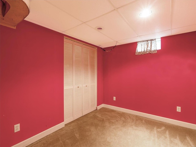 unfurnished bedroom with a drop ceiling, a closet, and carpet floors