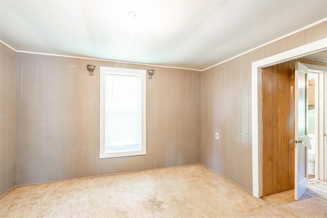 spare room featuring wood walls and light colored carpet