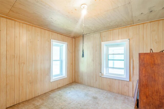 carpeted empty room with wood walls, wood ceiling, and plenty of natural light