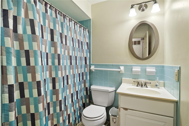 bathroom featuring backsplash, toilet, tile walls, a shower with curtain, and vanity