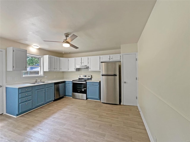 kitchen with appliances with stainless steel finishes, sink, light hardwood / wood-style flooring, ceiling fan, and white cabinets