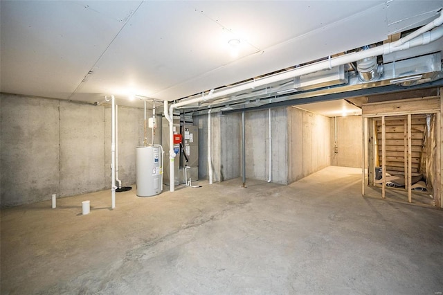 basement with electric water heater and heating unit