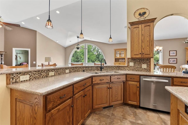 kitchen with decorative backsplash, dishwasher, lofted ceiling, and ceiling fan