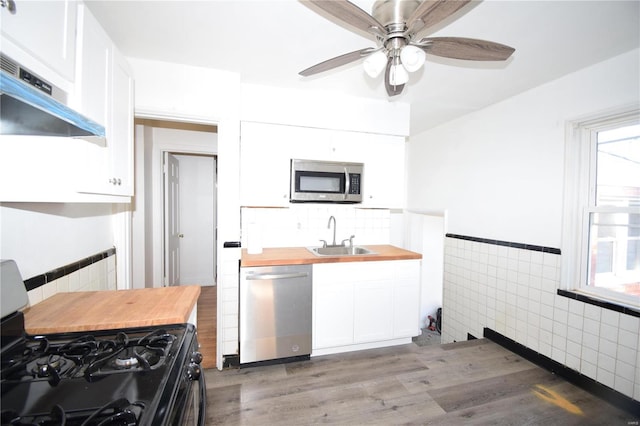 kitchen with white cabinetry, appliances with stainless steel finishes, sink, and exhaust hood