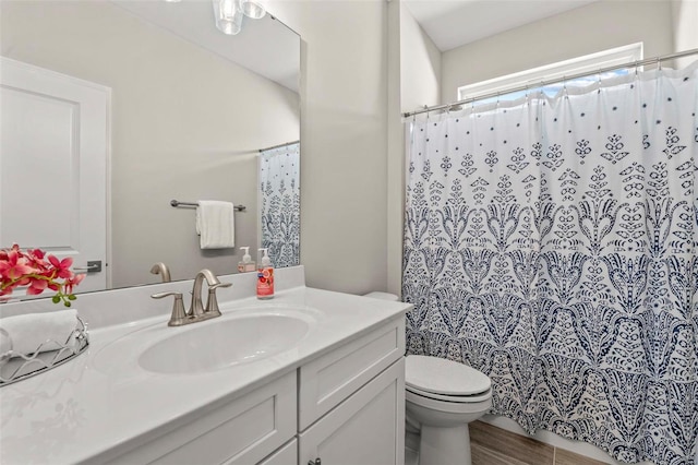 bathroom featuring vanity, walk in shower, and toilet