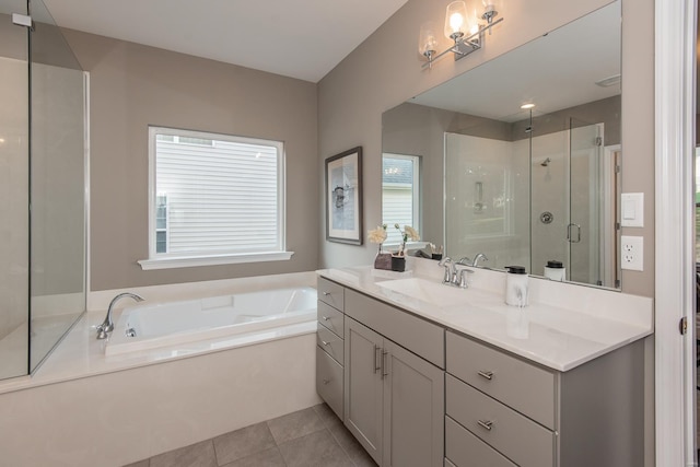 bathroom with vanity, separate shower and tub, and tile patterned flooring