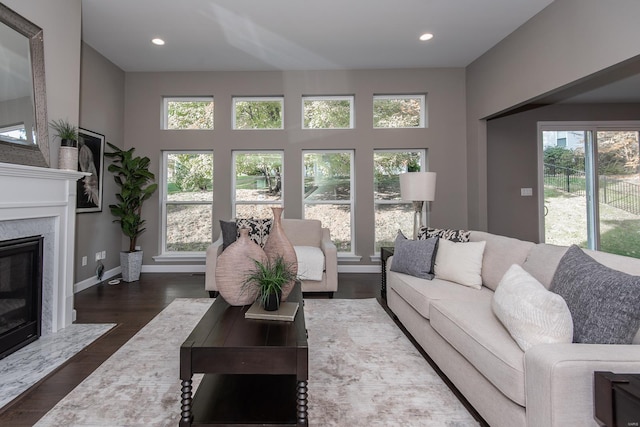 living room featuring dark wood-type flooring, plenty of natural light, and a fireplace