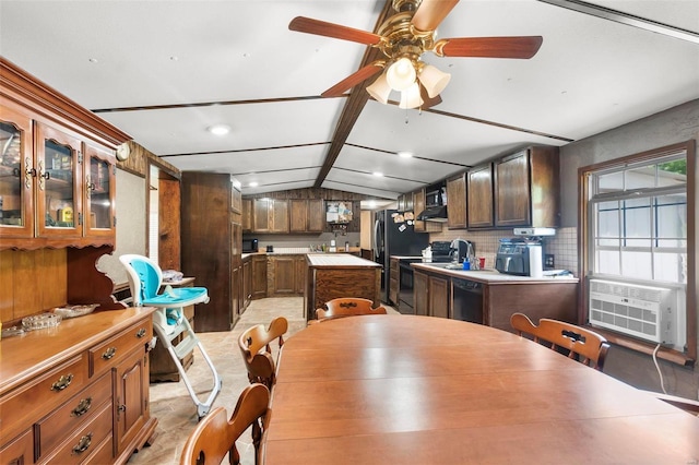 dining area with ceiling fan, vaulted ceiling with beams, and cooling unit