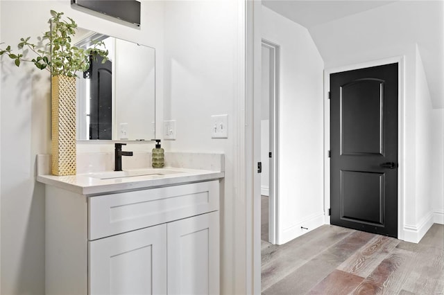 bathroom featuring vanity and wood-type flooring