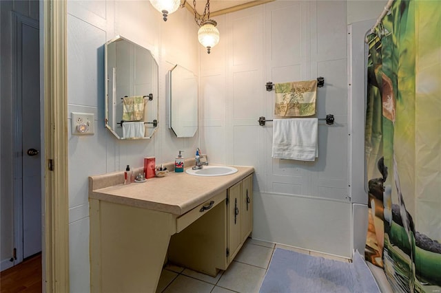 bathroom featuring shower / bath combo, vanity, and tile patterned floors