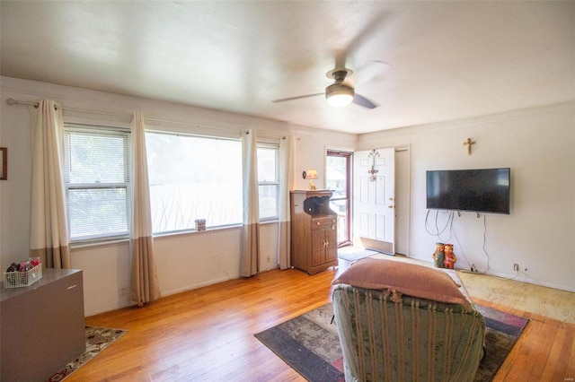 living room featuring light hardwood / wood-style flooring, ceiling fan, and a healthy amount of sunlight