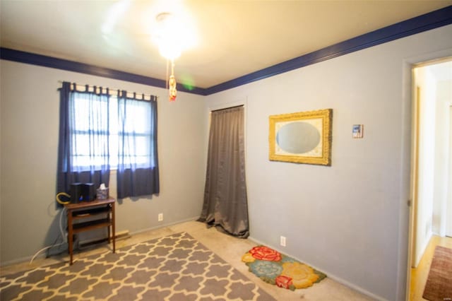 interior space with ornamental molding and carpet flooring