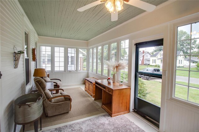 sunroom with plenty of natural light, wood ceiling, and ceiling fan