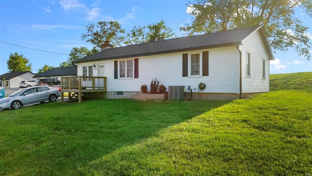 view of front of property with a front lawn and cooling unit